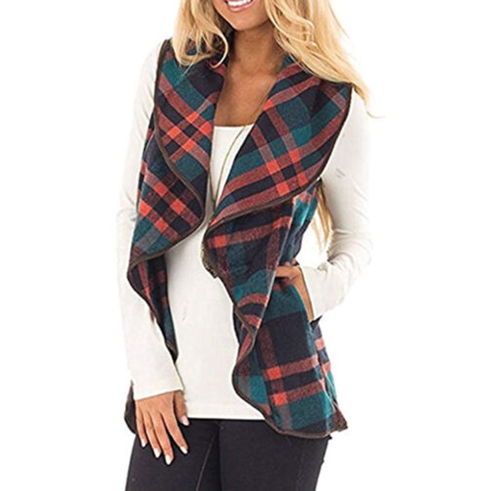 Luethbiezx Women Casual Plaid Sleeveless Cardigan Vest Coat Jacket