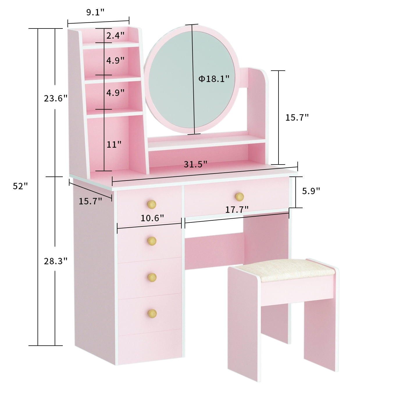 KULAGAGA Vanity Set with Mirror, Cushioned Stool, Storage Shelves, Makeup Organizer, 5 Drawers Makeup Vanity Desk , Dressing Table , Pink