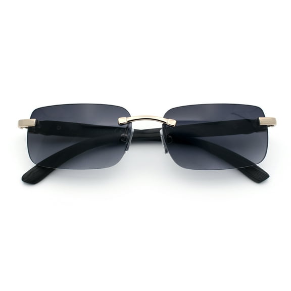 Rimless Luxury Narrow Rectangle Woodbuff Arm Fashion Sunglasses Gold Black - Smoke