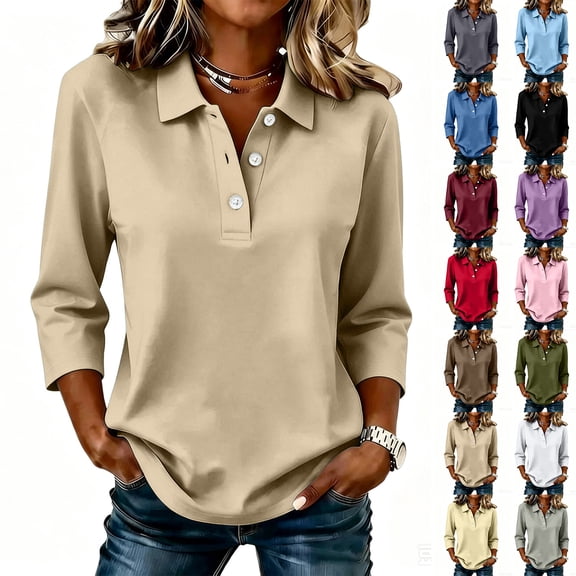 Women's Polo Shirts 3/4 Sleeve Quick Dry Casual Business Collared Shirt Tennis Golf Work Tops, L