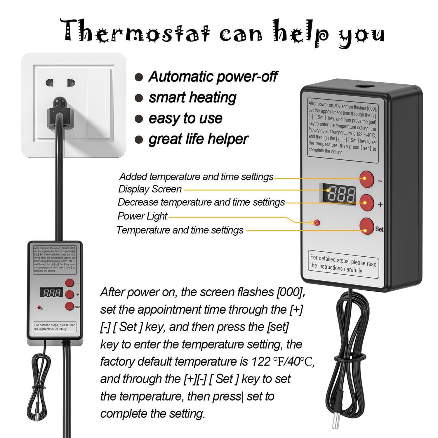 Immersion Water Heater with Temperature Control, 2000W Thermostat Portable Water Heater, Submersible Bucket Water Heater with Stainless Steel Guard, for Mini Pool, Bathtub, Travel
