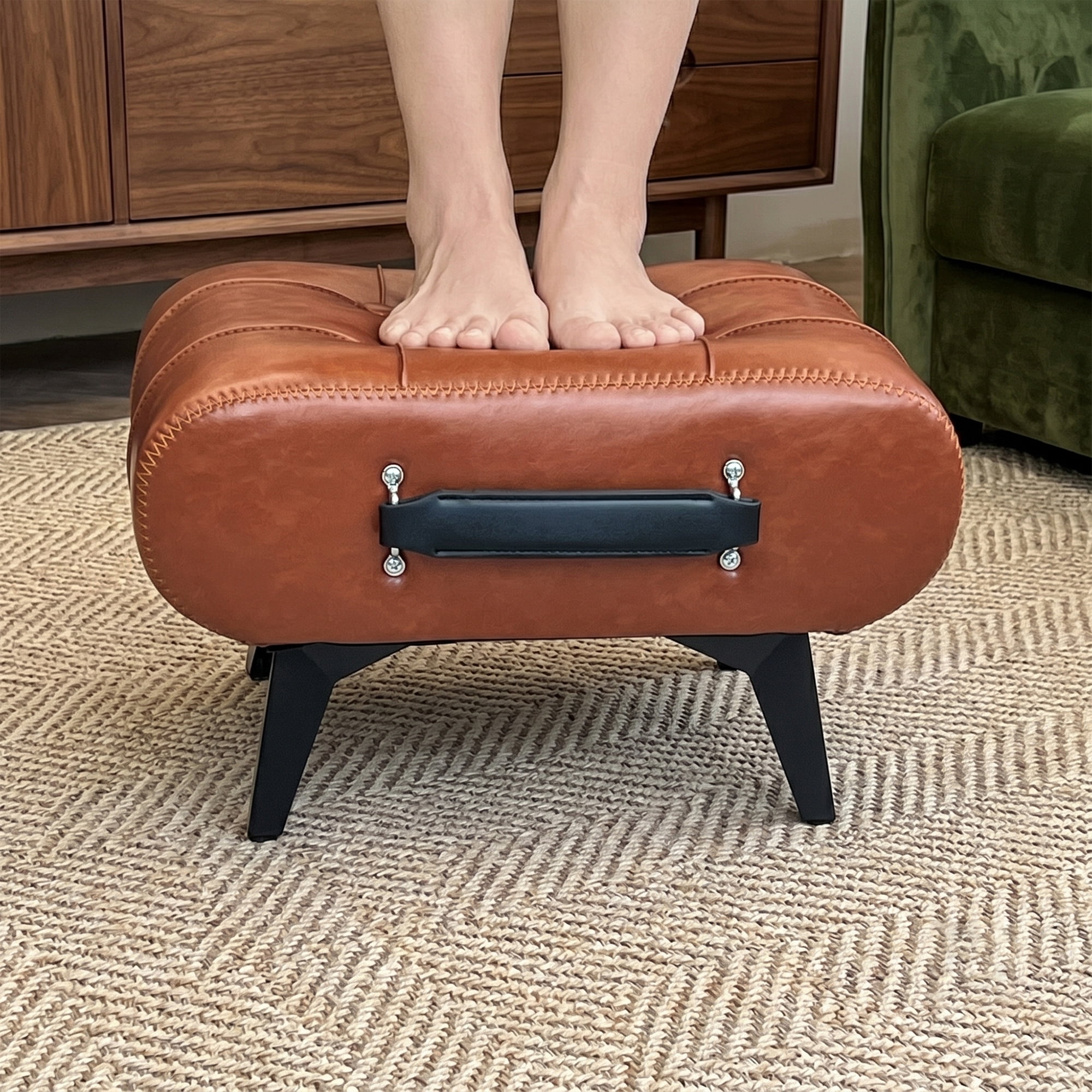Leumius Faux Leather Ottoman with Hidden Storage Space,Modern Foot Stool with Handle and Metal Legs for Living Room Bedroom,Orange
