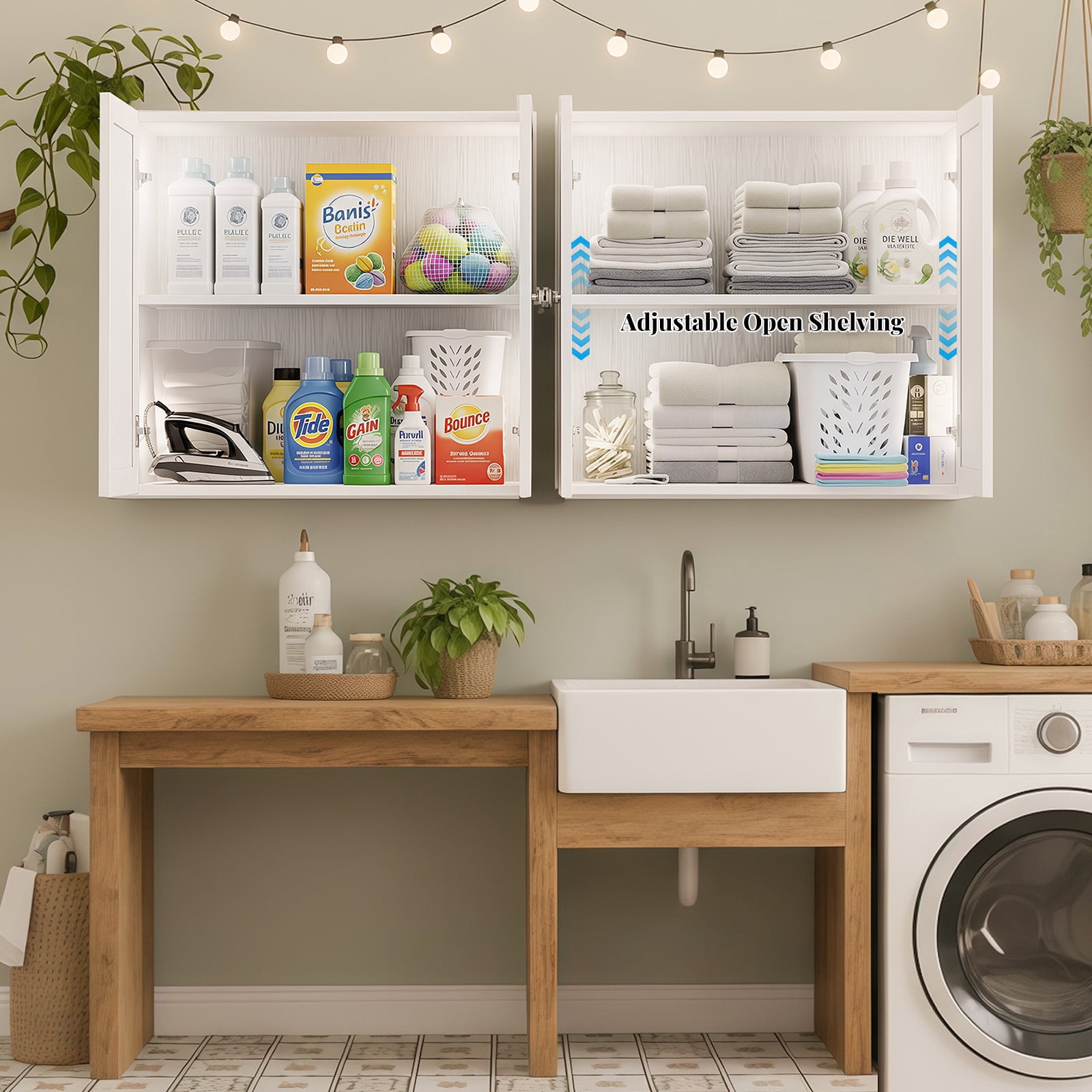 48 Inches Laundry Room Wall Cabinets Bathroom Cabinets Wall Mounted with Adjustable Shelves, Rattan Wall Cabinet for Bedroom, Kitchen, Bathroom