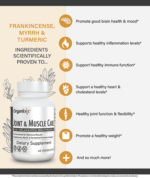 Organixx Joint & Muscle Care Joint Support Supplement 3-in-1 Inflammatory Support Formula with Turmeric, Frankincense & Myrrh, Helps with Flexibility, 60 Capsules