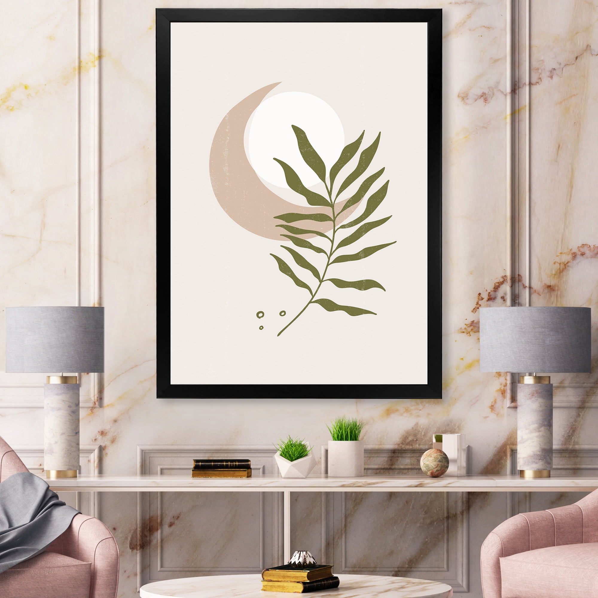 Designart 'Abstract Geometrical Leaf With Moon II' Modern Framed Art Print