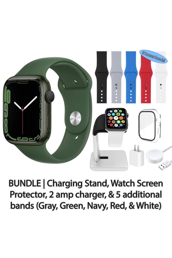 Restored Apple Watch Series 7 (GPS + Cellular, 41 mm) Green Aluminum Case with Clover Sport Band Bundle 5 Bonus Bands, Charging Stand, Screen Protector, & 2 amp charger (Refurbished)