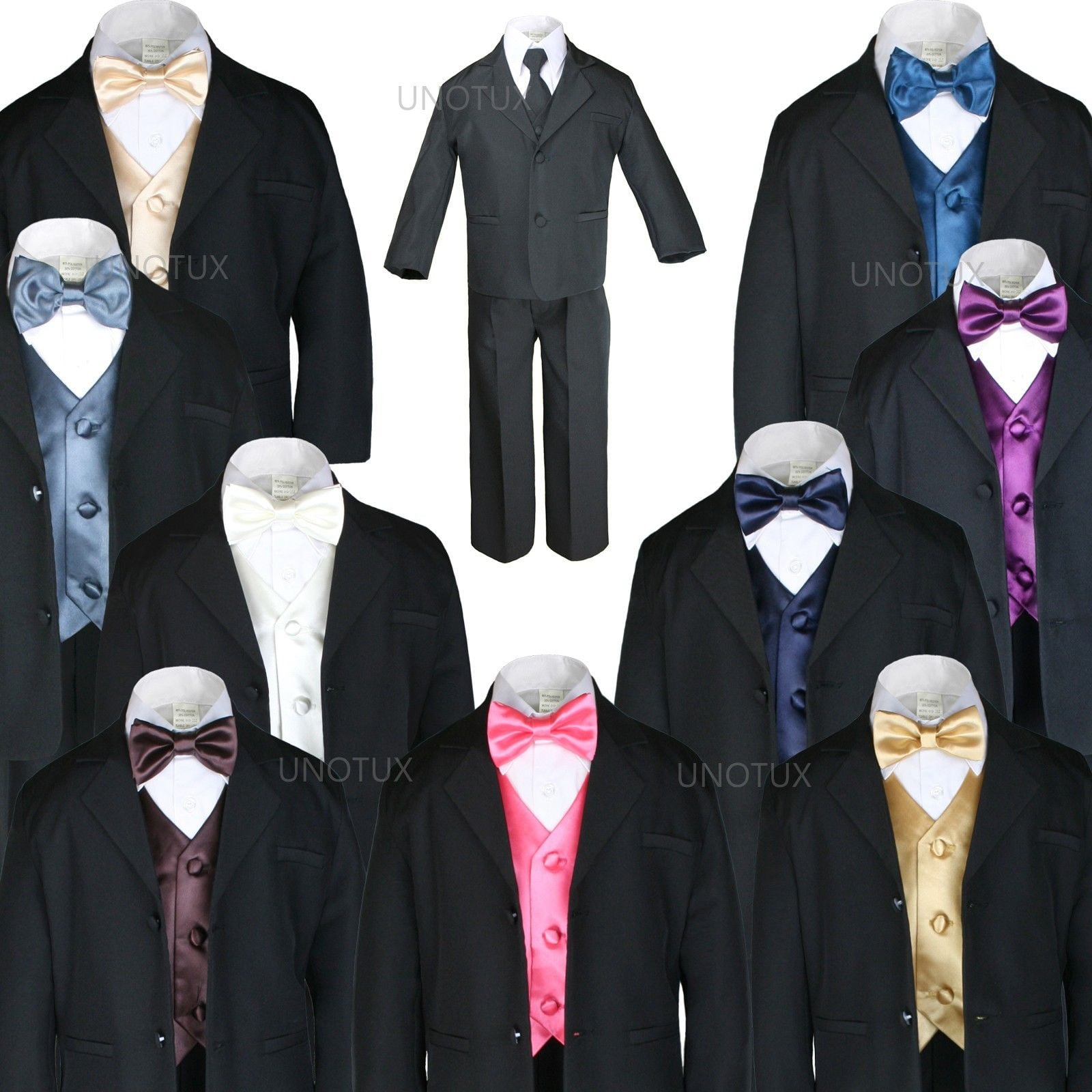 7pc Baby Kid Teen Boy Formal Wedding Black Suit Tuxedo Satin Vest Bow Tie S-20 