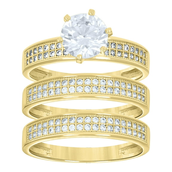 14k Gold Womens Two-Tone Cz Trio His Hers Center Stone White Wedding Engagement Bridal Set Ring