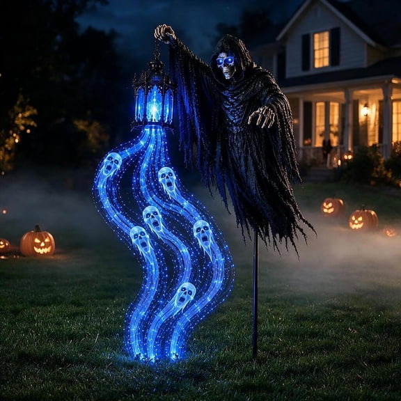 YAMB Halloween Soul Harvester Animated Garden Light, Solar Powered Flat Evil Skull Stake Light with Flowing Blue LED Ghost Effect, Waterproof Outdoor Decor for Lawn Yard Pathway Layout, 1Pc