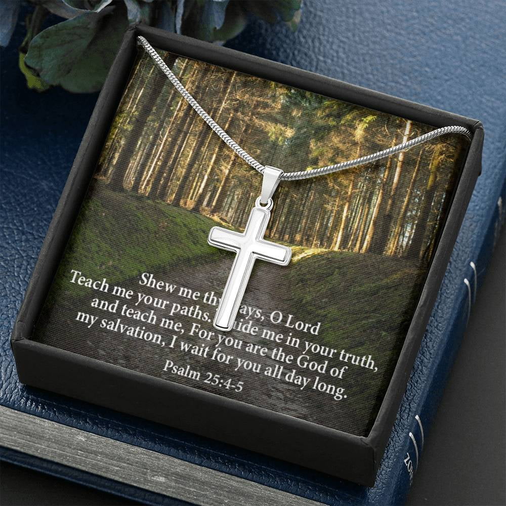 Scripture Card Baptism Psalm 25:4-5 Cross Necklace Faith Stainless Steel Pendant Religious
