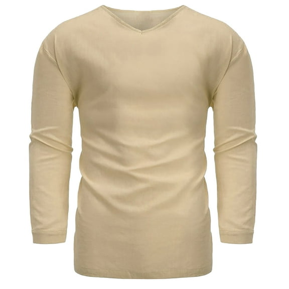Handshe Men's Linen Long - Sleeve V - Neck Loose Shirt - Autumn Casual Top