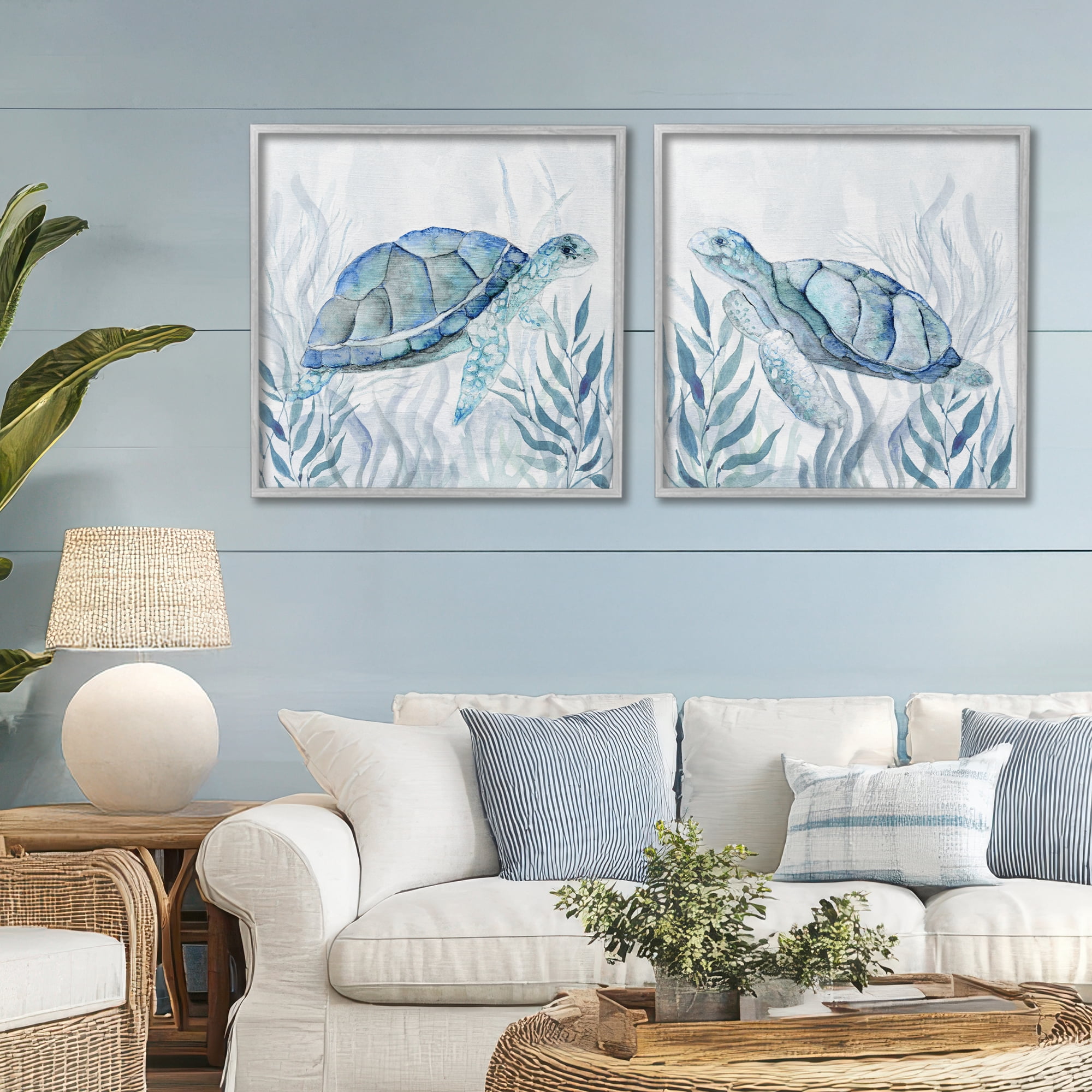 Stupell Industries Subtle Smiling Sea Turtles 2 Piece Gray Framed Giclee Art Set, design by Janet Tava
