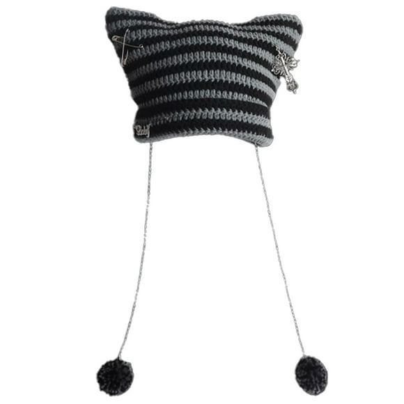 Cat Beanie Cat hat Winter Women Cat Ears Beanie Hat with Little Devil Horn Winter Knit Warm Striped Cap Cute Knitted Ski Hat Headgear - style 1;