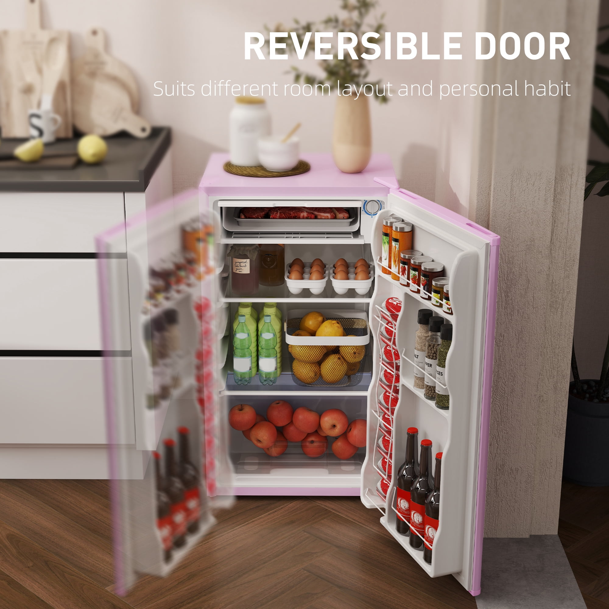 HOMCOM Mini Fridge with Freezer, 3.2 Cu.Ft Compact Refrigerator with Adjustable Shelf, Mechanical Thermostat and Reversible Door for Bedroom, Pink