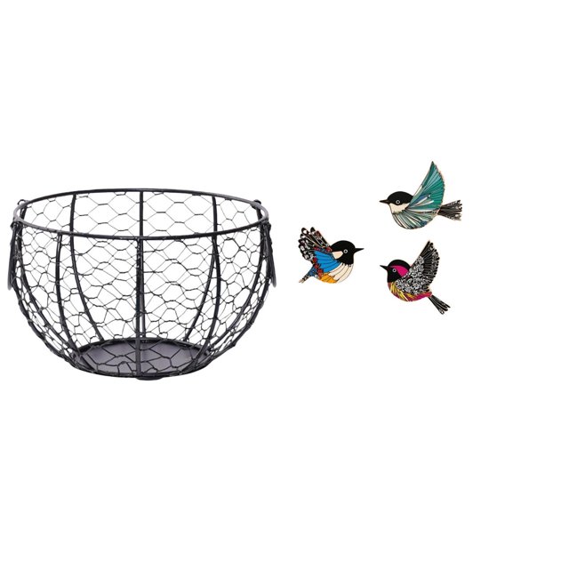 Cesta Tejida De Alambre De Hierro Para Encimera De Cocina Con Pájaro De Madera, Decoración Colgante De Pared Para Jardín, Sala De Estudio Y Almacenamiento De Granja.