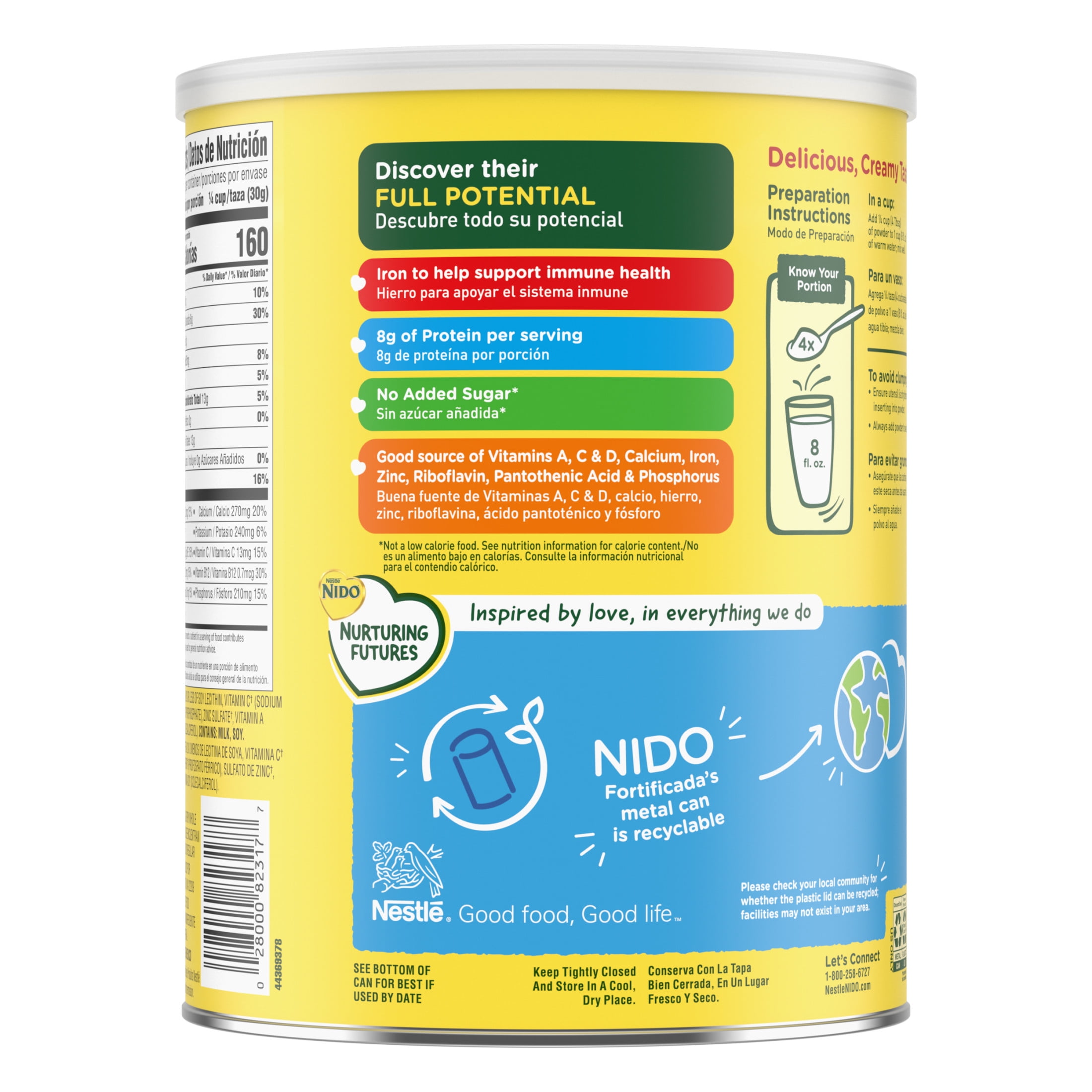 NIDO Fortificada Dry Whole Milk Powder with Vitamins A, C, D, Iron & Calcium, 56.4 oz Canister