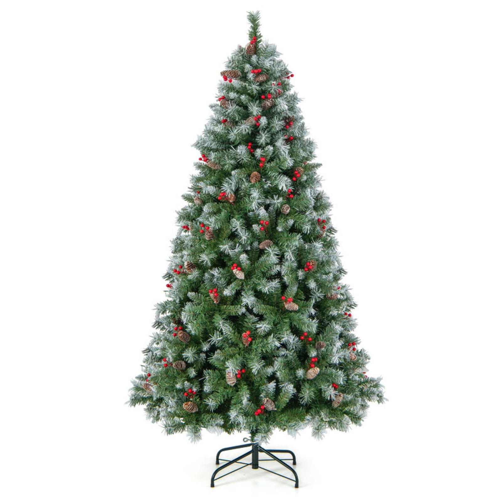 RUIE 6.5 ft Hinged Christmas Tree, Pre-Lit Green White Artificial Xmas Tree with 420 LED Lights, 909 Branch Tips and Pine Cones