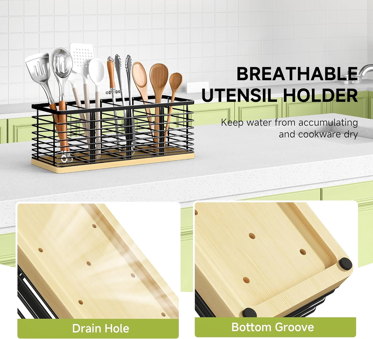 HBlife Kitchen Counter Utensil Holder with Bamboo Base, Matte Black, 4-Compartment Kitchen Utensil Organizers