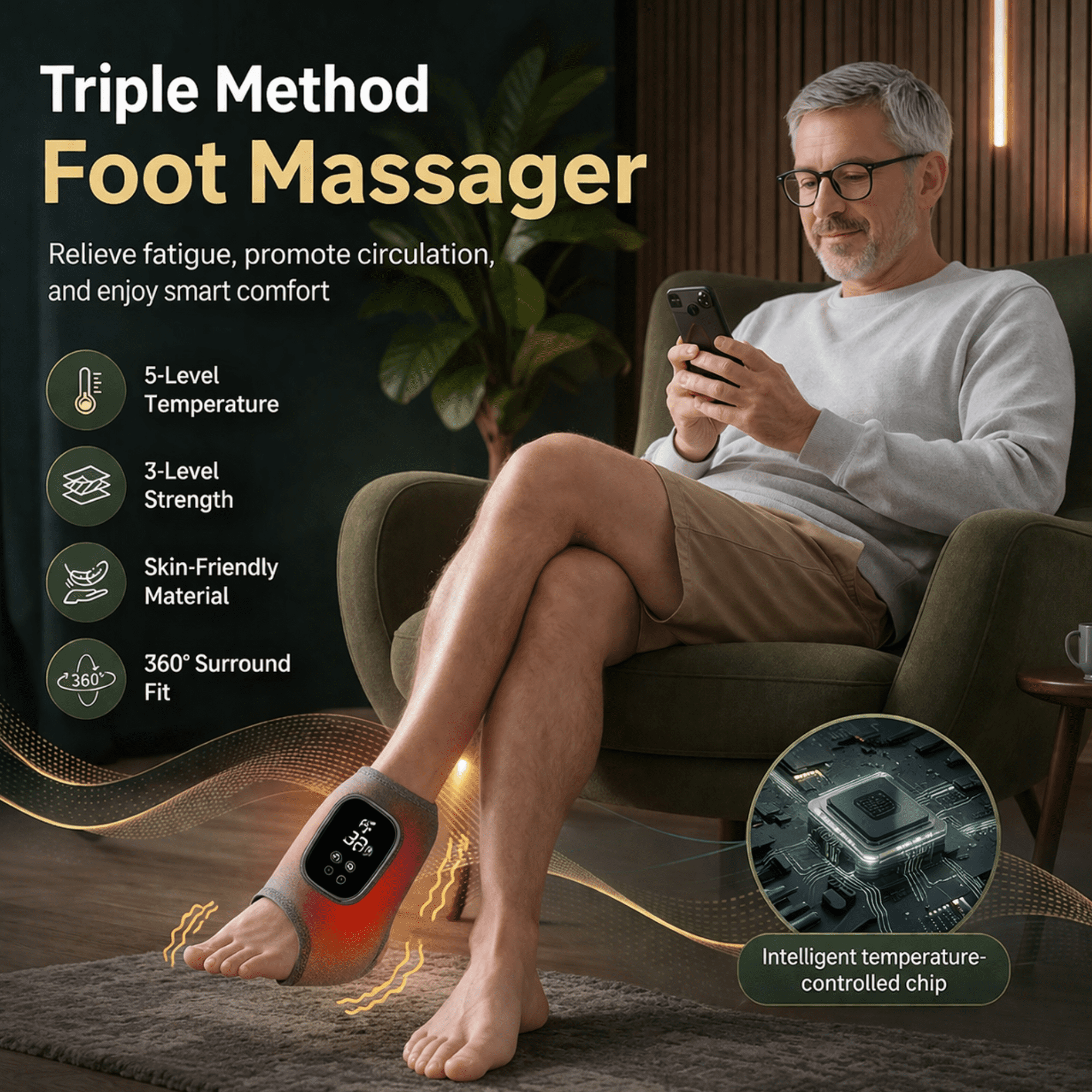 3-in-1 Foot Massager with Heat, Kneading and Compression, Wireless Portable Foot Massage Machine for Home and Office