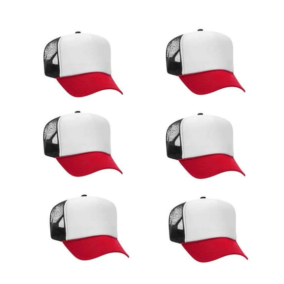 Couver 3 Colors 5 Panel High Crown Mesh Back Trucker Hat, Red/White/Black, 6PCS Set Pack