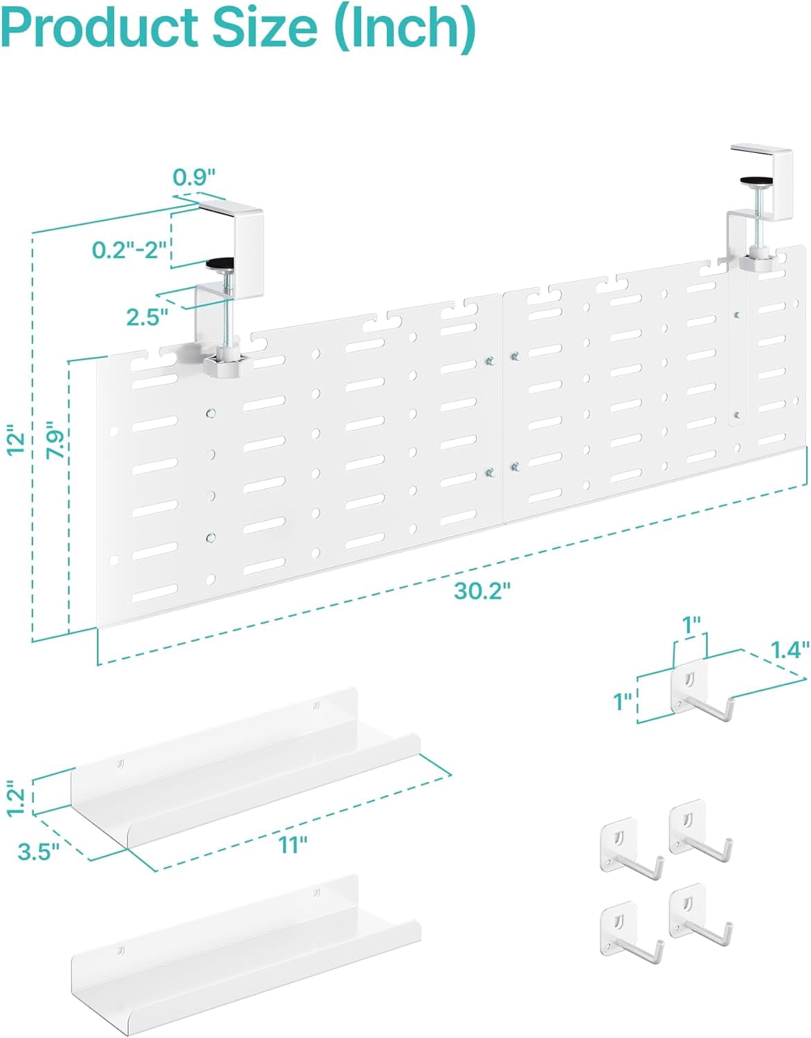Under Desk Cable Management Tray, 30.2" Vertical Metal Pegboard Organizer for Power Strip, Cables, Clamp-On Cord Organizer Rack with Hooks, Trays & Cable Straps for Home Office, White