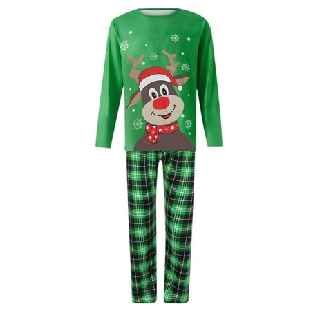 

aturustex Christmas Adults Kid Baby Dog Pajamas for Family Long Sleeve Elk Tops + Plaid Pants Set