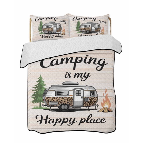 Quilts Queen Size Bedding Set, Camper Van Lightweight Quilted Comforter, Modern Vintage Camping Beige Wooden Soft Reversible Bedspread Coverlet with Pillow Covers for All Season, 90" x 96"