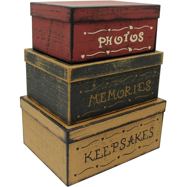 CVHOMEDECO. Primitive Vintage Rectangular Photos, Memories, Keepsakes Cardboard Nesting Boxes, Large 12 X 9 X 5-1/2 Inch. Set of 3.