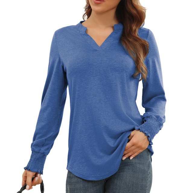 Blusa con escote en V y muesca, camisa holgada y fruncida de manga larga con escote en V y muesca para mujer, diseño aerodinámico