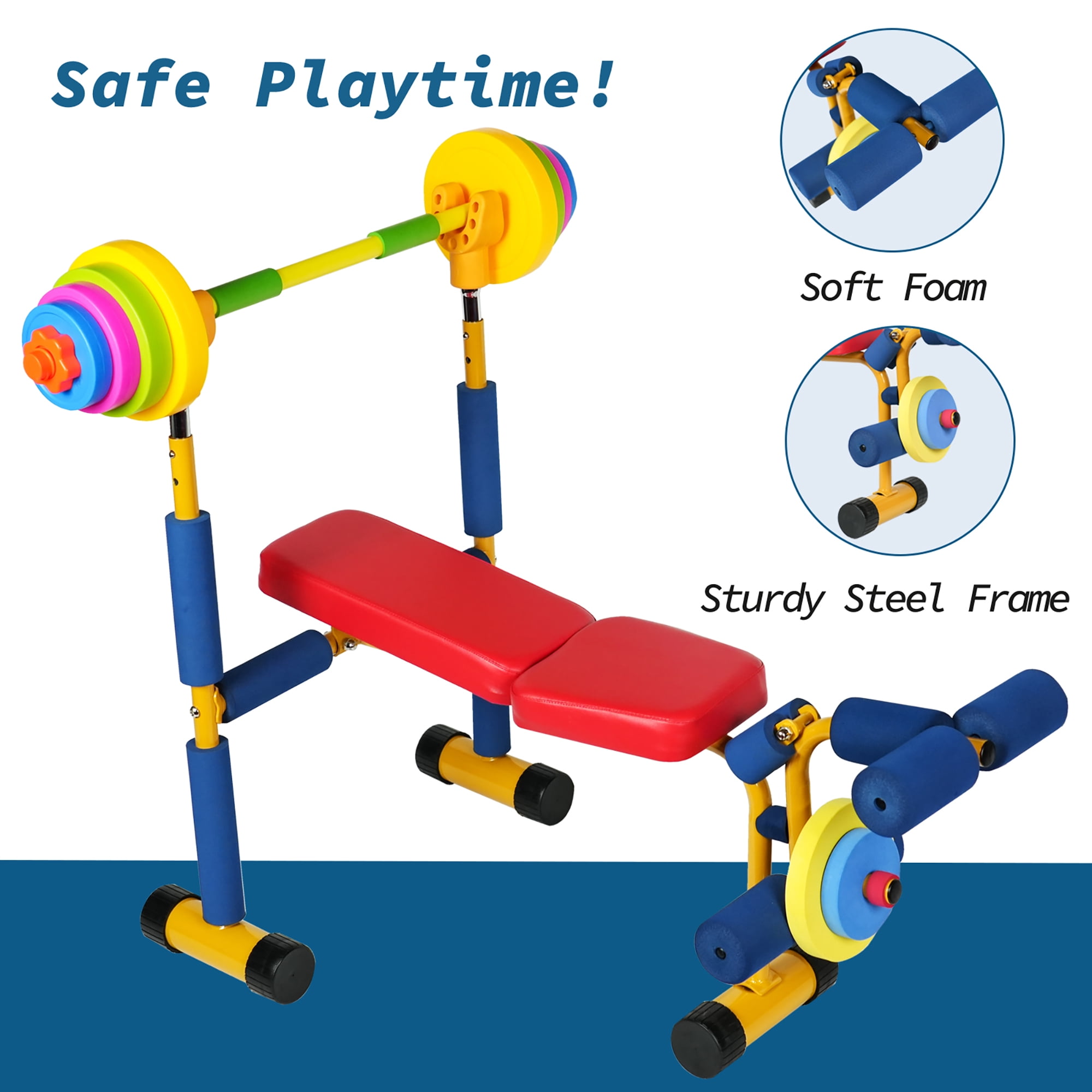 Easy Playhouse: Kids Weight Bench Press - Colorful Adjustable Barbell Rack, Toy Exercise Equipment, Water-Sand Fillable Plates, Foam Wrapped Frame
