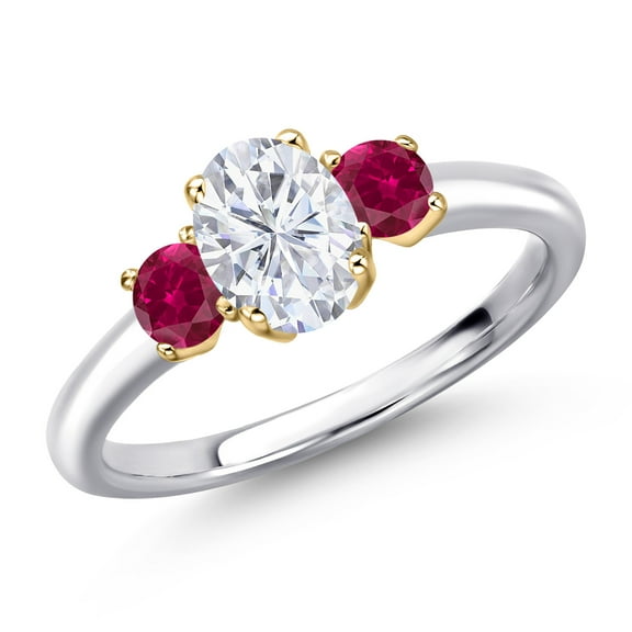 Gem Stone King 10K Two Tone Gold White Moissanite and Red Created Ruby Engagement Ring for Women | 1.40 Cttw | Oval 7X5MM | Gemstone Birthstone | Size 8