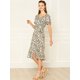 thumbnail image 4 of Vestidos Midi Elegantes Estampado Floral De Primavera Cuello En V Mangas Cortas Casual Para Mujeres Blanco XS Unique Bargains Vestido, 4 of 6