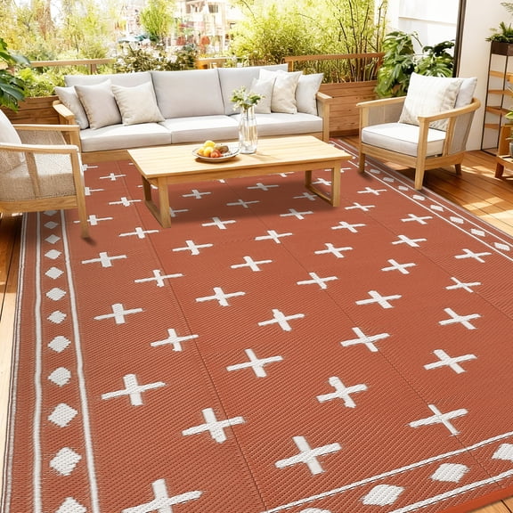 COZONY 9'x18' Outdoor Rug, Reversible Waterproof Plastic Straw Patio Mat, Large RV Camping Rug with Geometric Design for Deck, Bangeyard, Beach