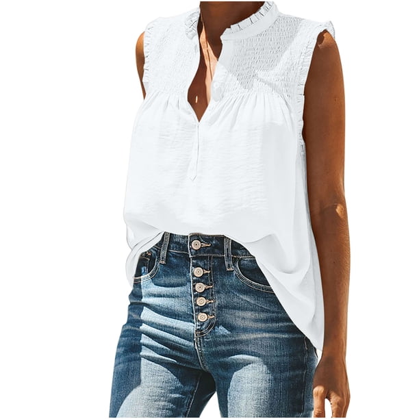 Moda Mujer Causal Cuello Alto Blusa Sólida Camiseta Sin Mangas Verano Botón Tops Fridja qr5053