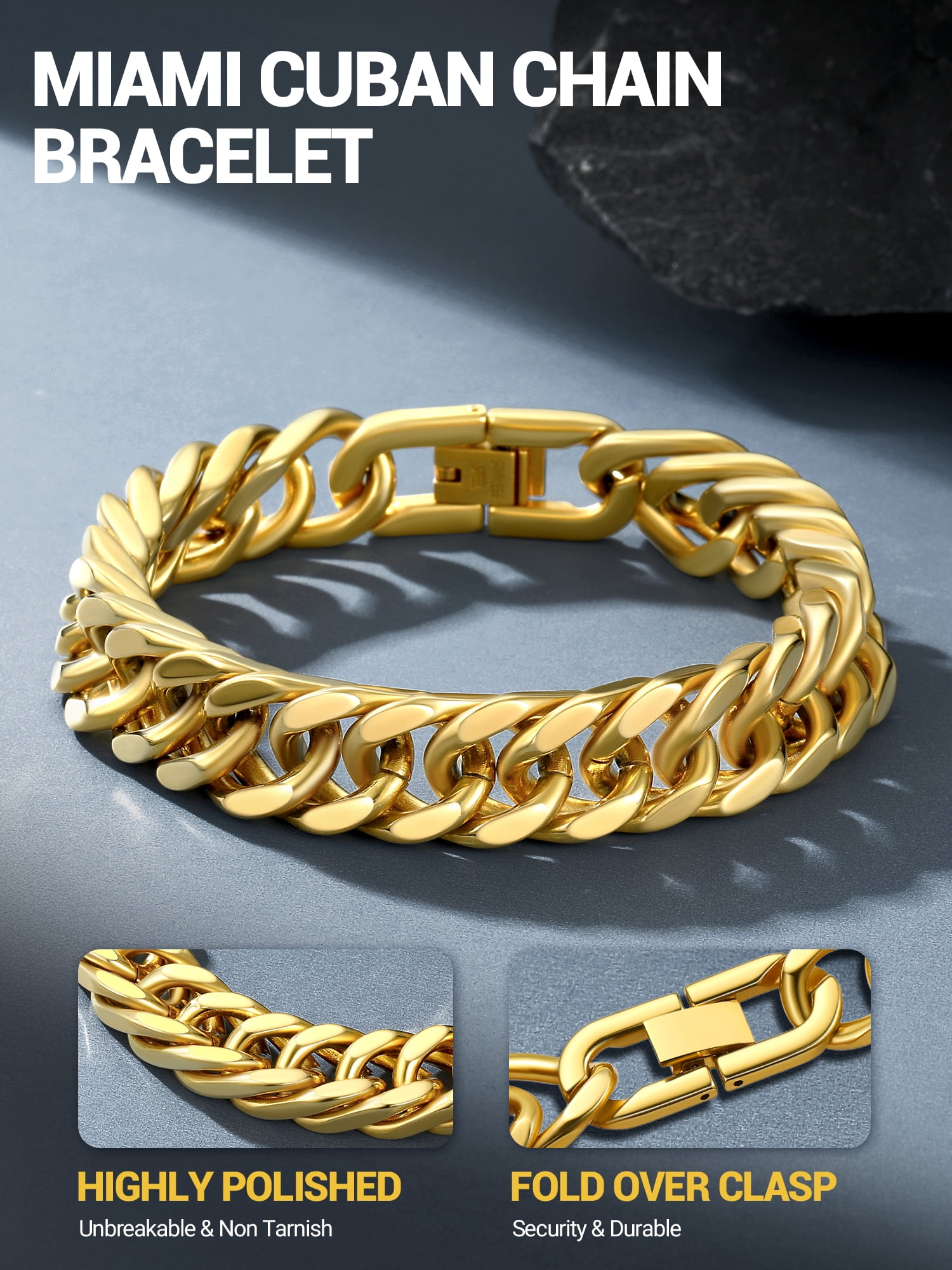 PROSTEEL 12mm Gold Plated Cuban Chains Bracelets for Men Chunky Stainless Steel Franco Link Bracelet for Son Husband Father Day Hand Bracelet Jewelry Birthday Valentine Graduation Gifts 8.3 inch