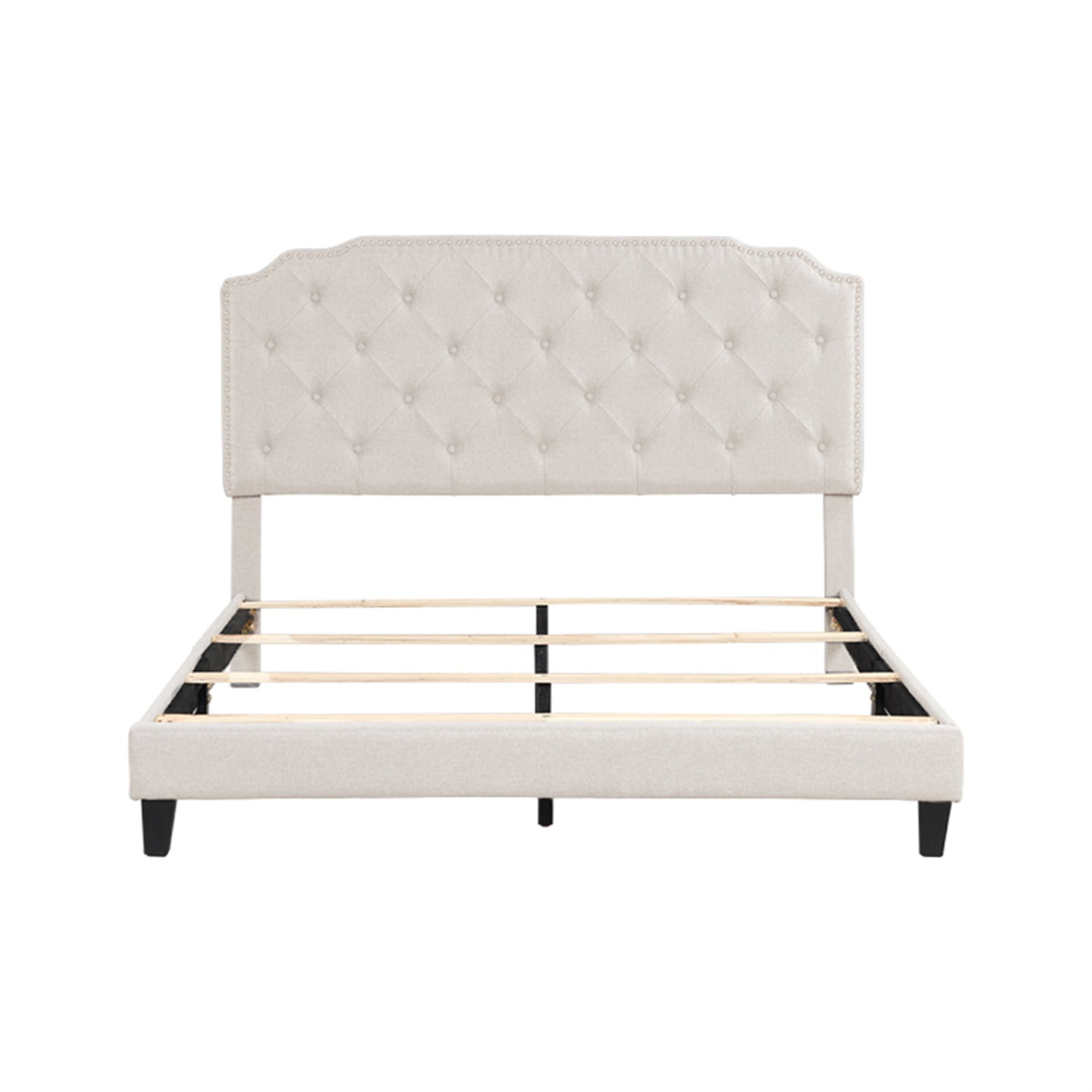 Kadyn Queen Bed Frame with Headboard, Queen Size Fabric Upholstered Platform Bed Frame, Mattress Foundation with Wooden Slats Support, No Box Spring Needed, Beige Kadyn Queen Bed Frame with Headboard, Queen Size Fabric Upholstered Platform Bed Frame, Mattress Foundation with Wooden Slats Support, No Box Spring Needed, Beige