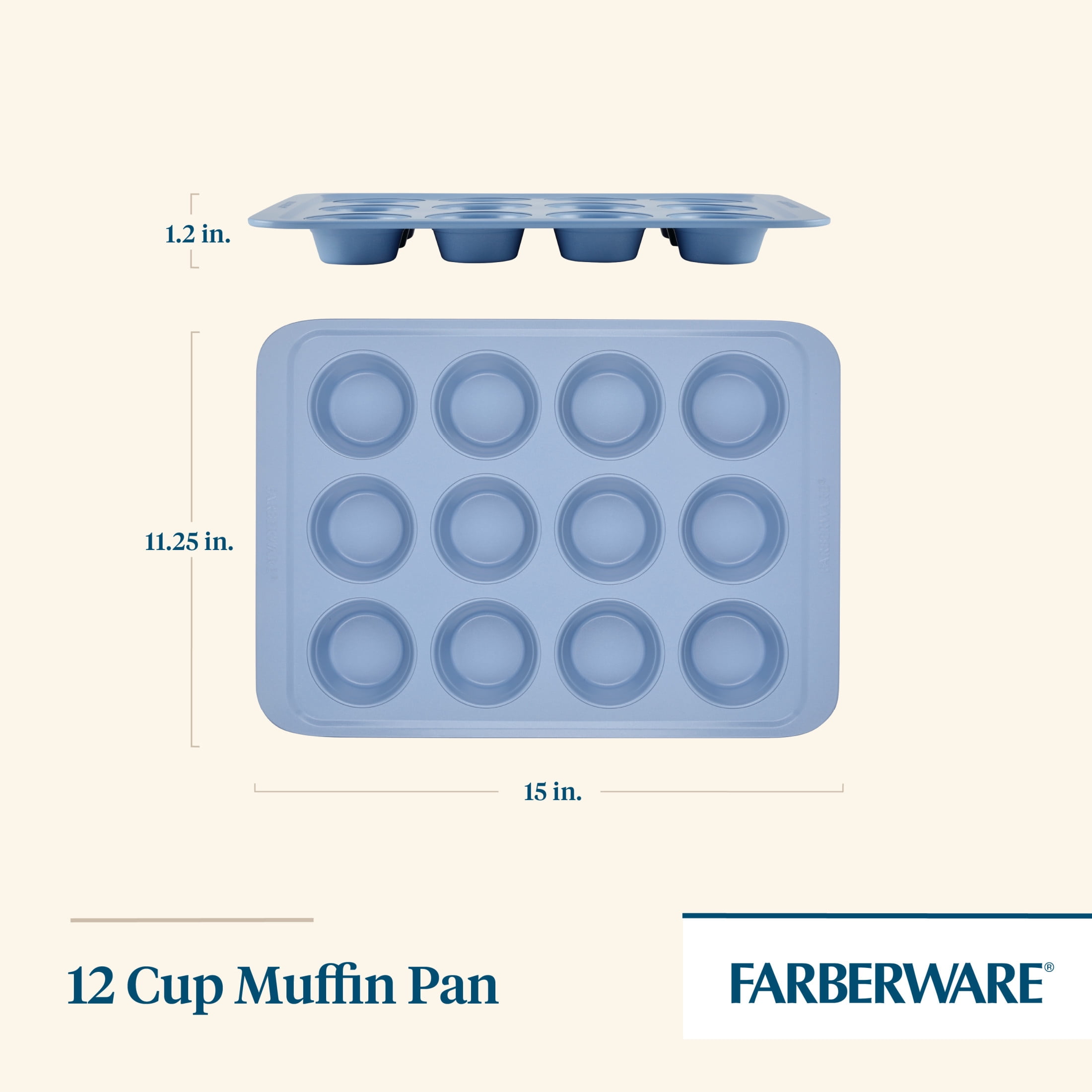Farberware Easy Solutions 12 Cup Nonstick Bakeware Muffin Pan, Dishwasher Safe and Oven Safe to 450°F, Blue