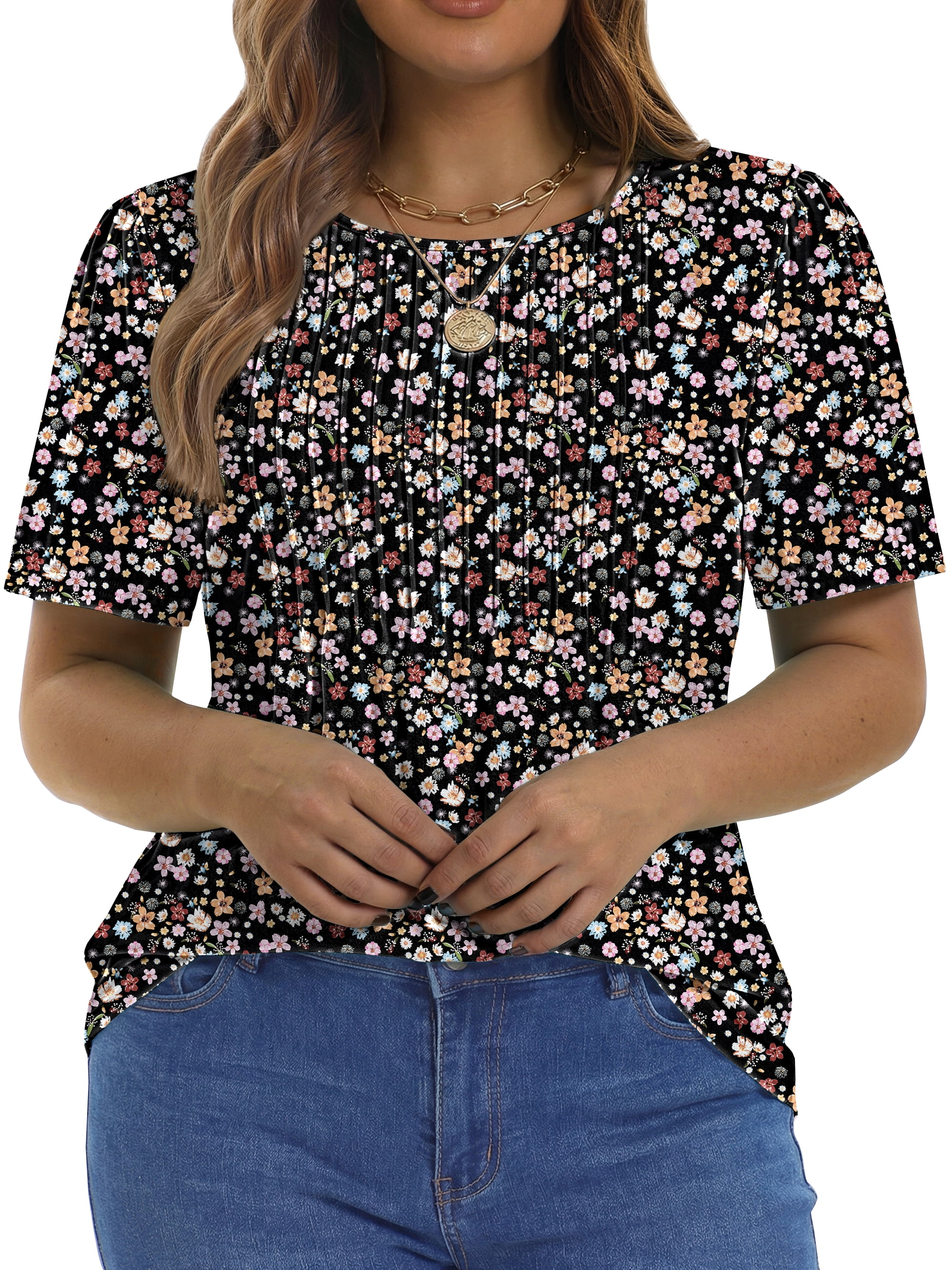 Fantaslook Blouses for Women Pleated Short Sleeve Tunic Tops Dressy Casual Summer Shirts