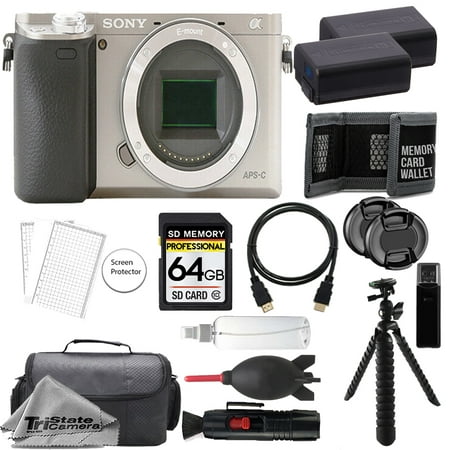 Sony Alpha a6000 Mirrorless Digital Camera Body (Silver) + 64GB + Extra Battery+ Tripod- Accessory Kit