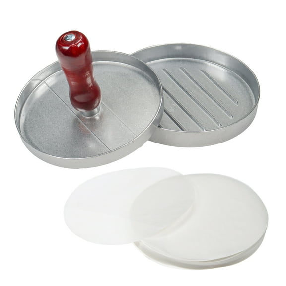 Burger Press Patty Maker Stainless Steel Hamburger Patty Press Mold Wood Handle Non-Stick with 100 Patty Papers