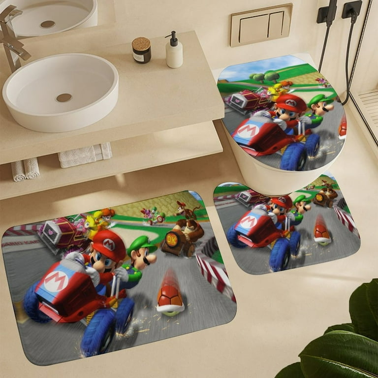 Sonic & Mario Bathroom 4-Piece Set - Waterproof Shower Curtain, Toilet Lid Cover, Non-Slip Bath Mat & Rug