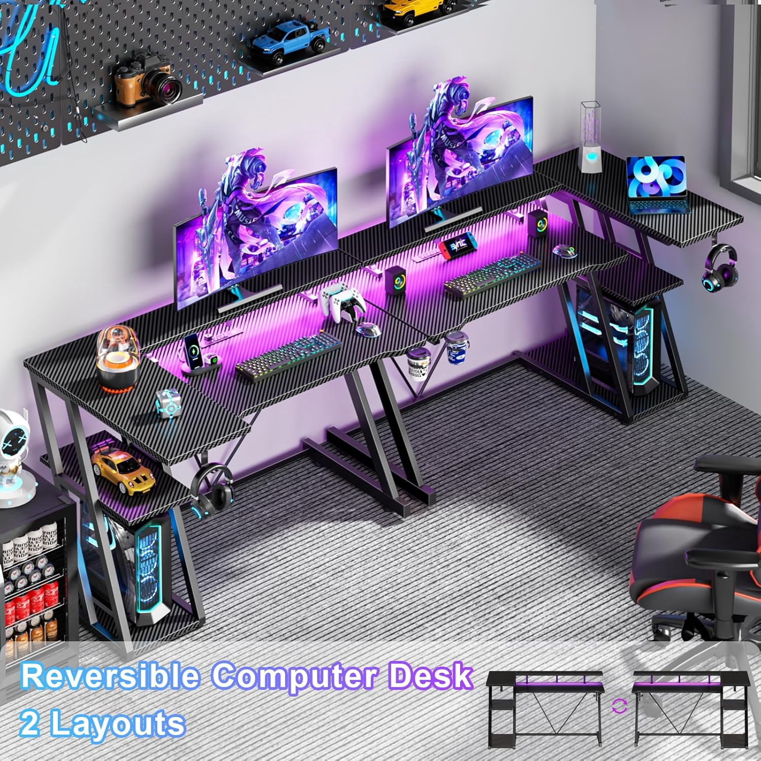 Librala 40 Inch Gaming Desk with Power Outlet & LED Lights, L Shaped Computer Gaming Table with 3 Tiers Storage Shelves, Corner Gamer Desk with Monitor Stand for Small Space, Carbon Fiber Black