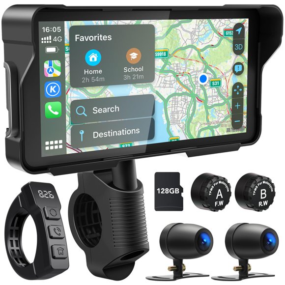 LBW Moto Portable Carplay avec Contrôle par Fil, Moto DVR, TPMS, 5.5 Pouces Carplay Sans Fil & Écran Tactile Auto Android avec Caméra de Tableau de Bord HD 1080P avant et Arrière, Bluetoo