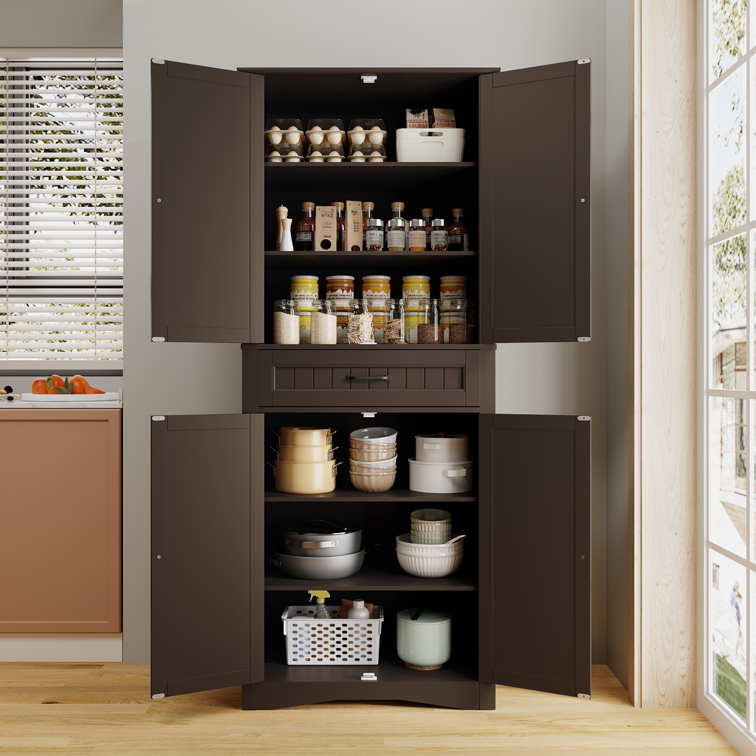 Asofer 71" Modern Pantry Storage Cabinet with Doors and Adjustable Shelves for Kitchen, Living Room, Dark Brown