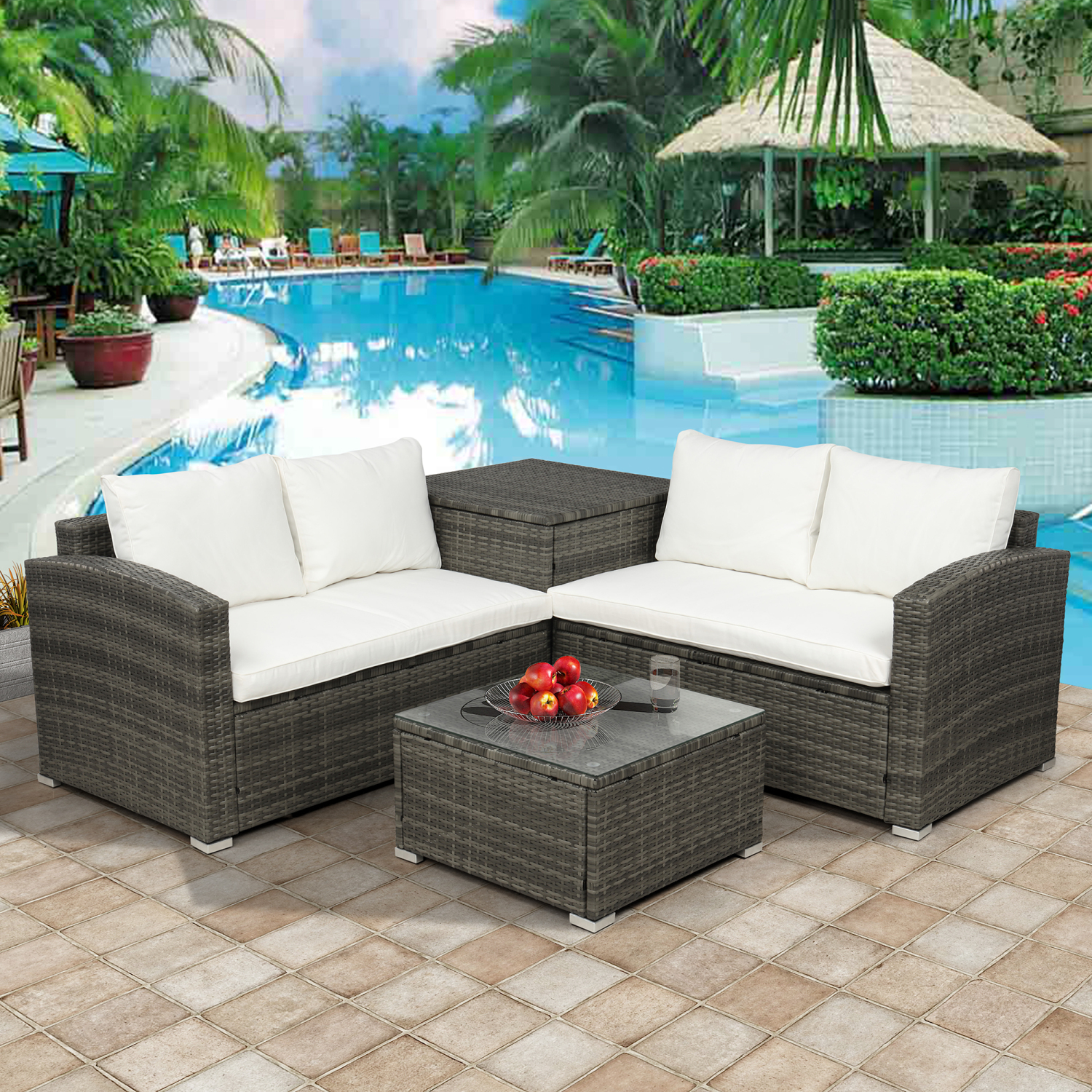 4 PCS Outdoor Cushioned PE Rattan Wicker Sectional Sofa Set Garden Patio Furniture Set (Beige Cushion) - image 1 of 1