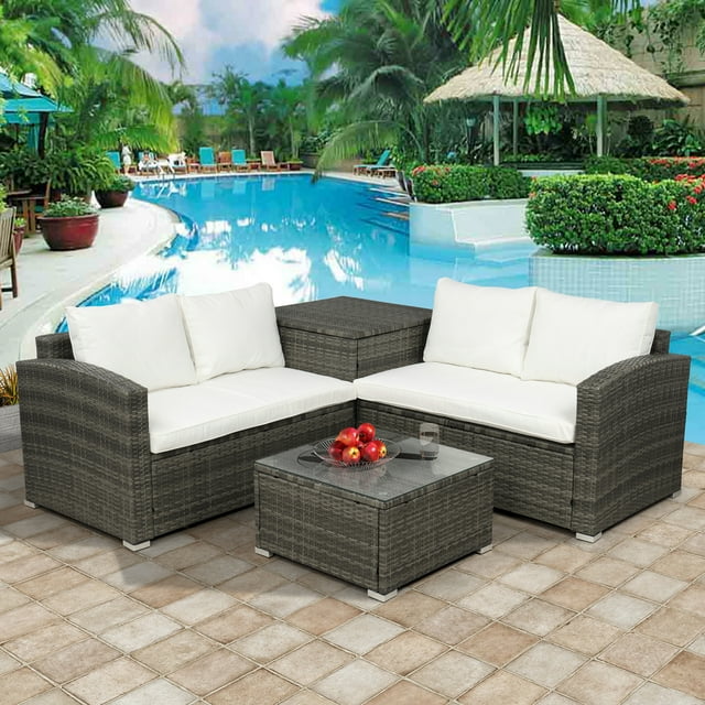 4 PCS Outdoor Cushioned PE Rattan Wicker Sectional Sofa Set Garden Patio Furniture Set (Beige Cushion)