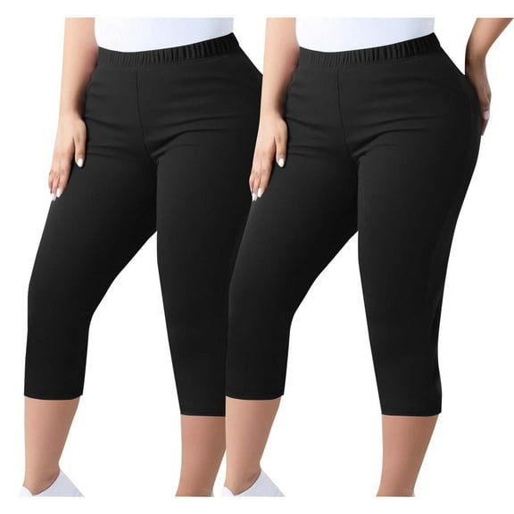 2Pc Women Capri Pants Plus Size Stretch Knee Length Leggings Elastic Waist Casual Summer Ladies Pull On Capris