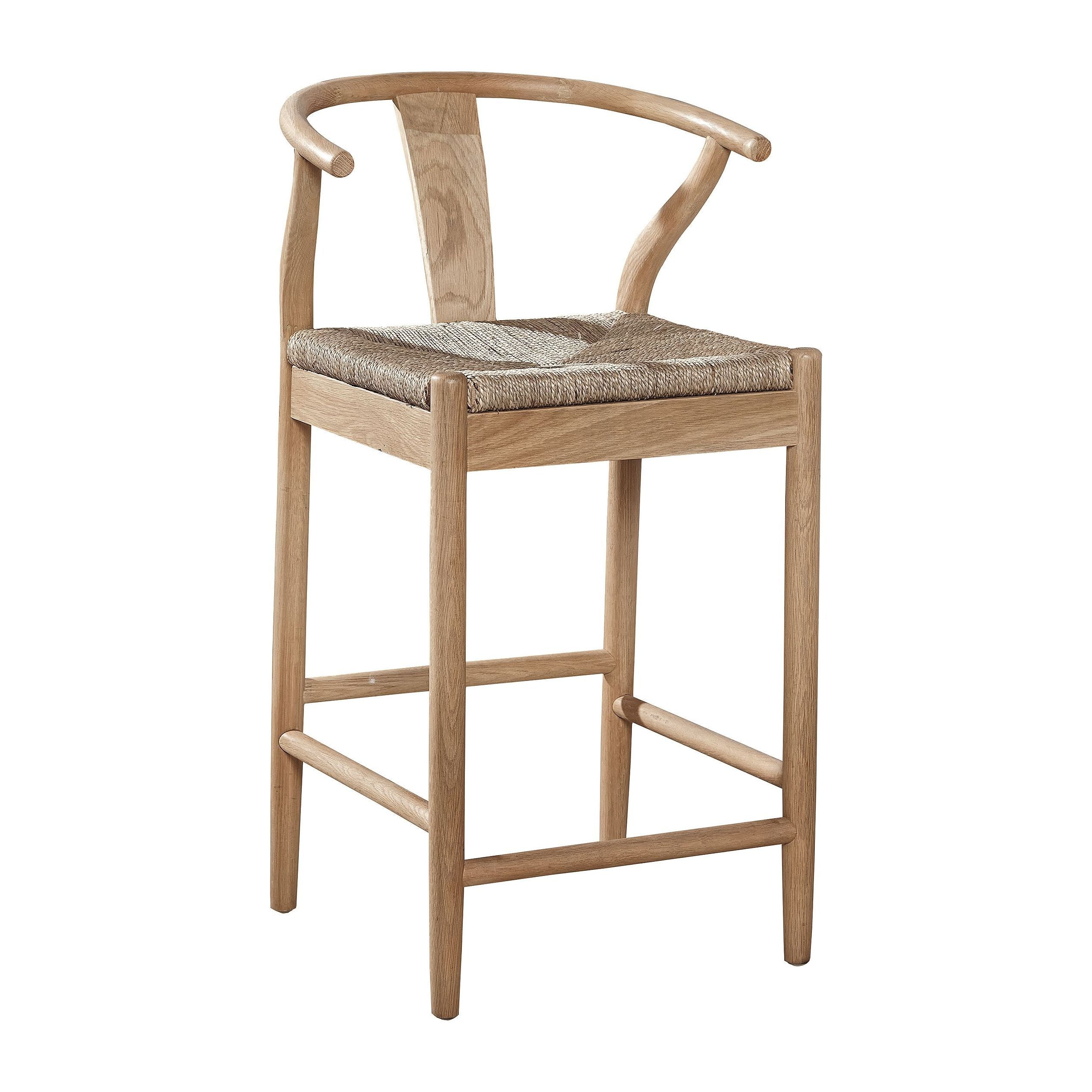 Mid-Century Modern Light Brown Oak Counter Stool with Woven Seat