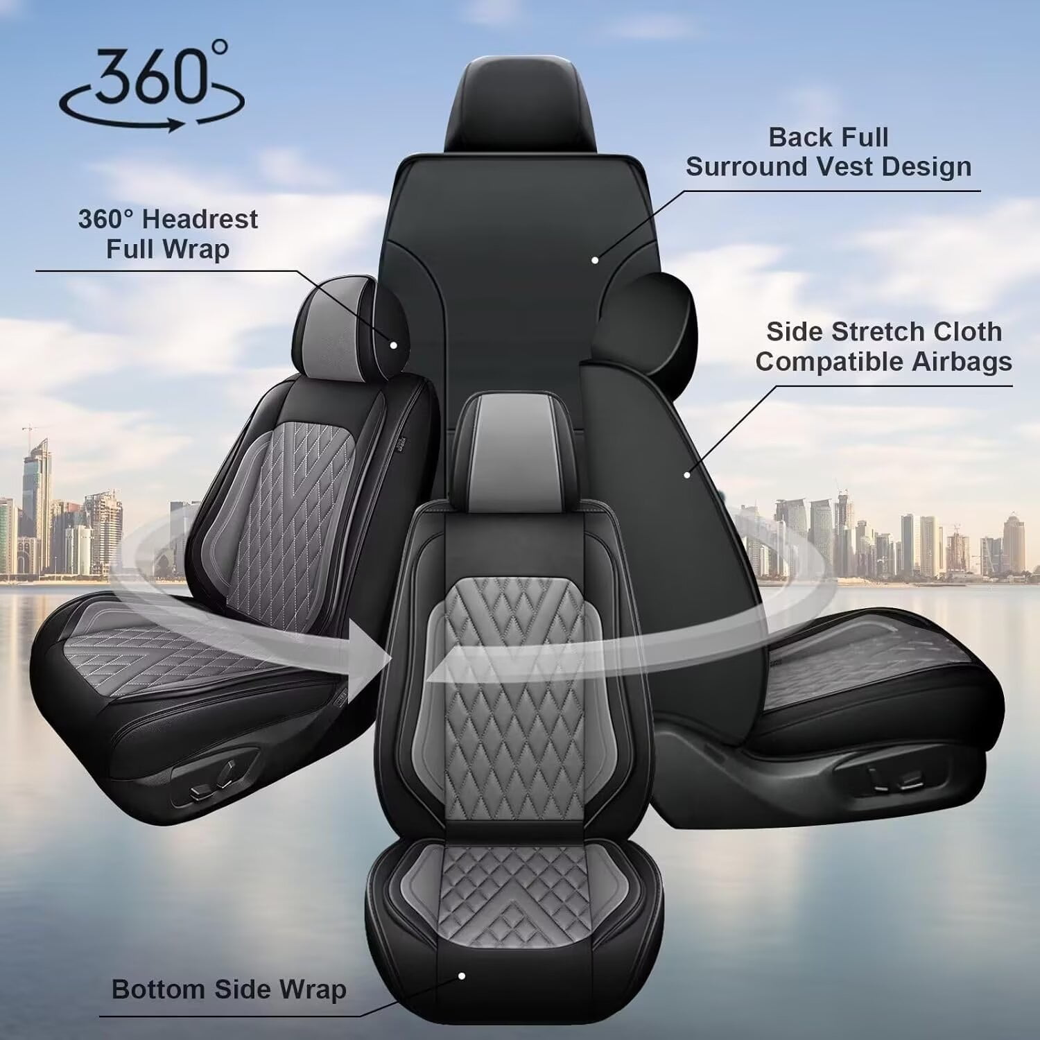 DIKSOAKR Car Seat Cover Fit for Honda HR-V/HRV 2016-2024 2025:Faux Leather Seat Protector Waterproof Anti-Slip Premuim Auto Interior Accessories(Black&Grey),Front Seat(2 Seats)