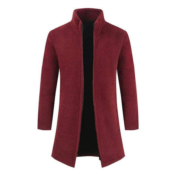 Men's Coats And Jackets Hooded Men Casual Solid Zipper Cardigan Stand-Up Collar Pocket Long Sleeve Sweater Coat Red XL JE